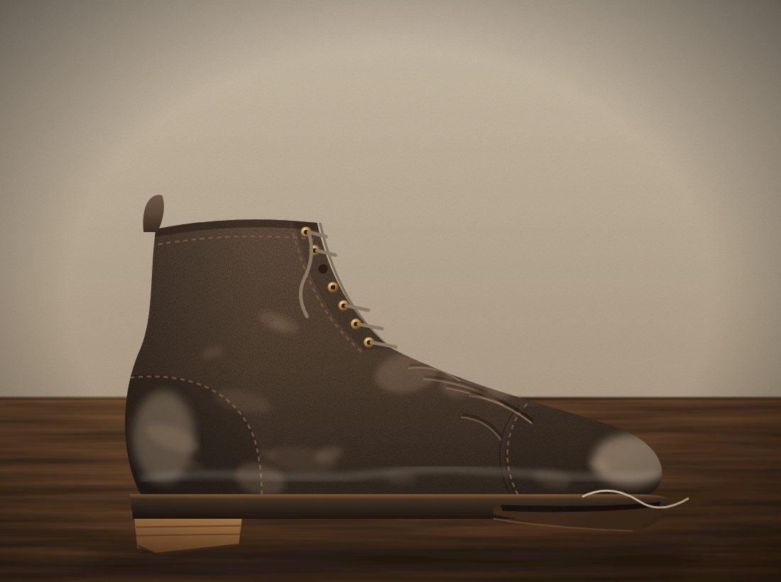 A worn boot before repair: scuffed and faded leather, sole coming away at the toe, heel worn down