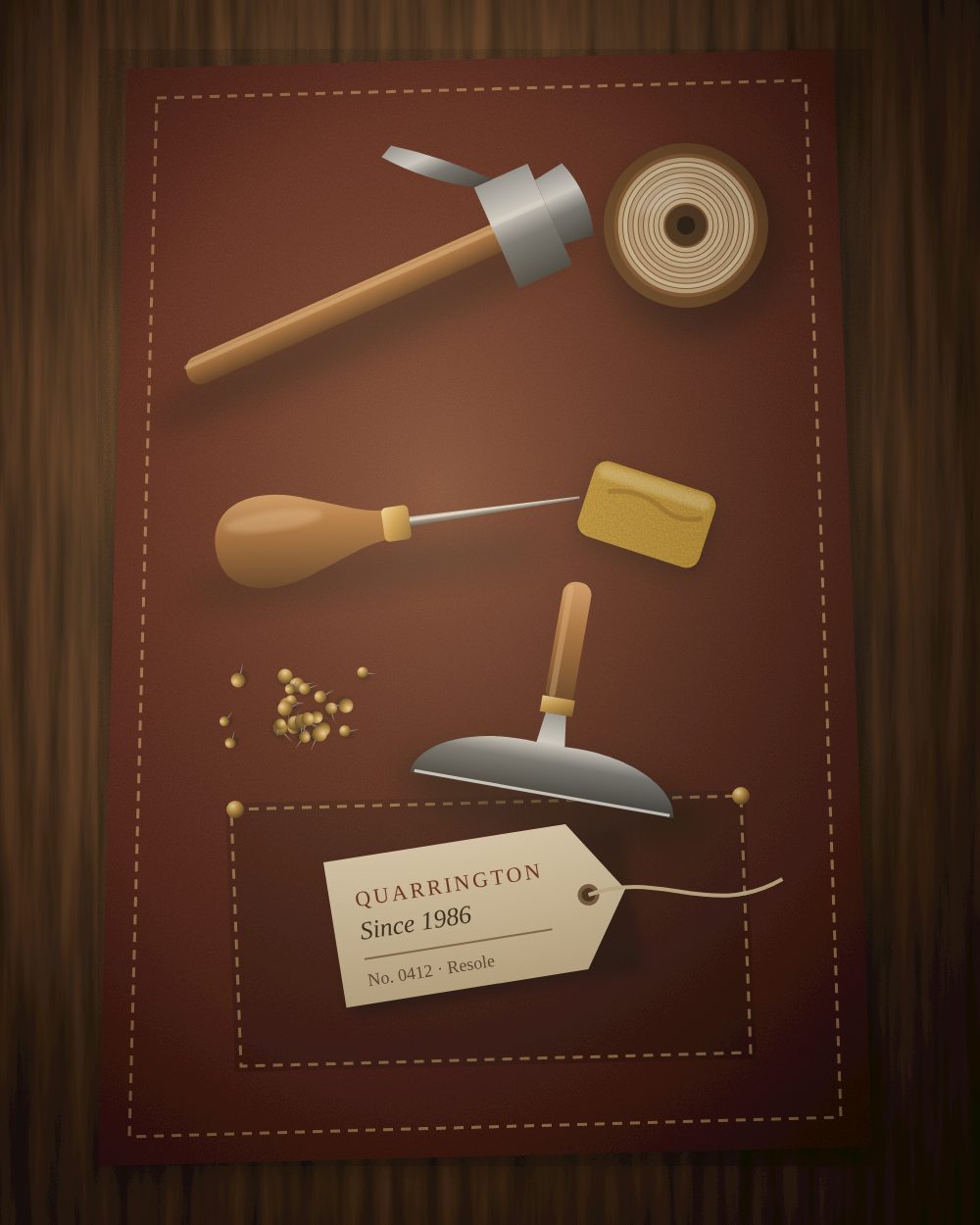 Cobbler's tools laid out on a leather apron: hammer, awl, half-moon knife, waxed thread, beeswax and brass tacks, with a repair ticket