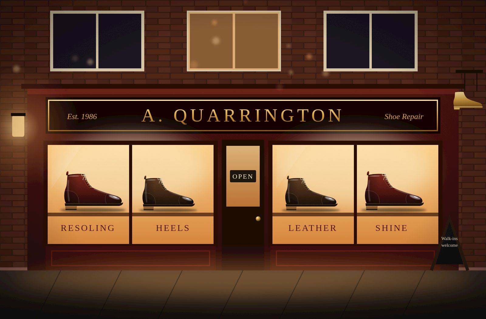 The A. Quarrington shopfront on Mill Street at dusk, with gold sign lettering and boots in the lit window