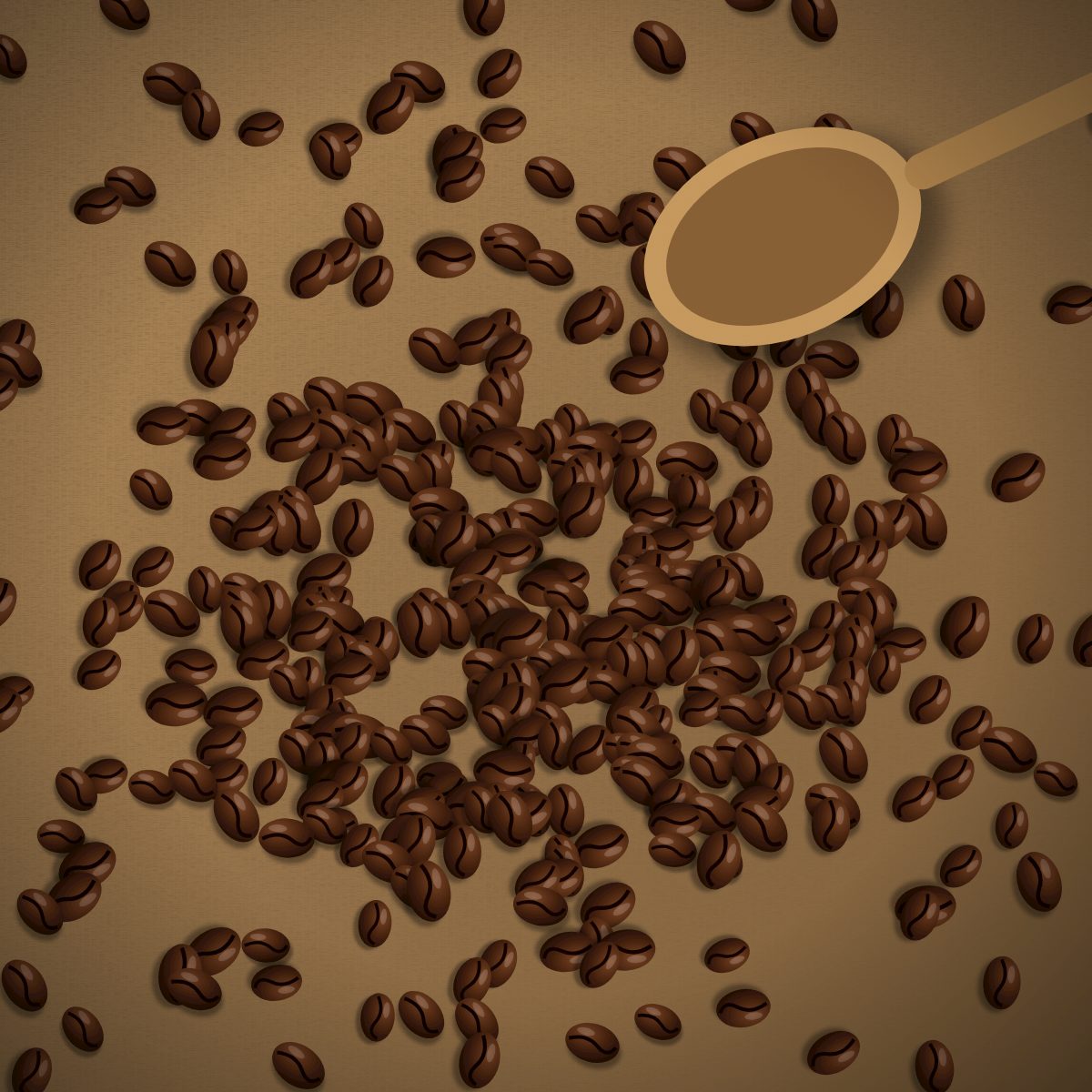 Freshly roasted coffee beans with a wooden scoop