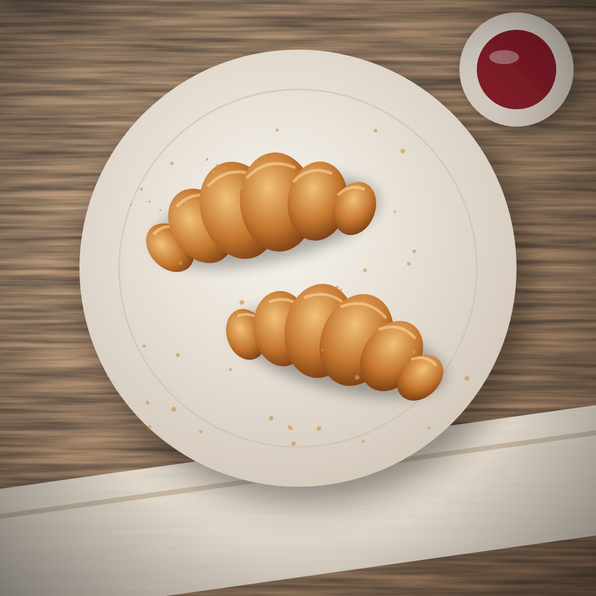 Two butter croissants on a plate with raspberry jam