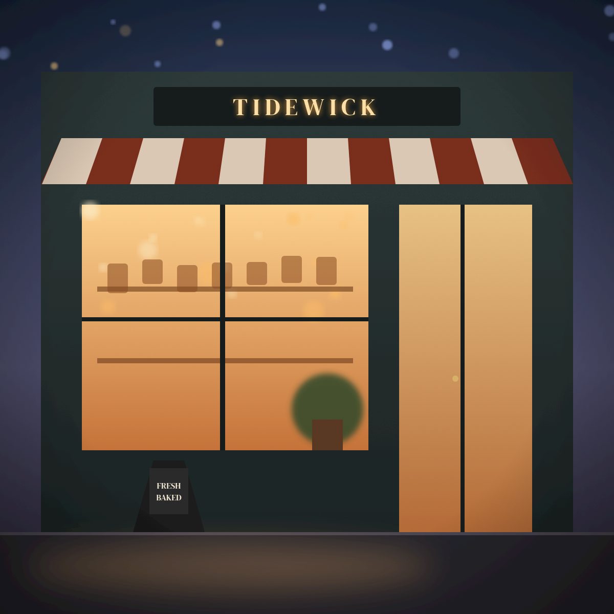 Tidewick storefront glowing at dusk