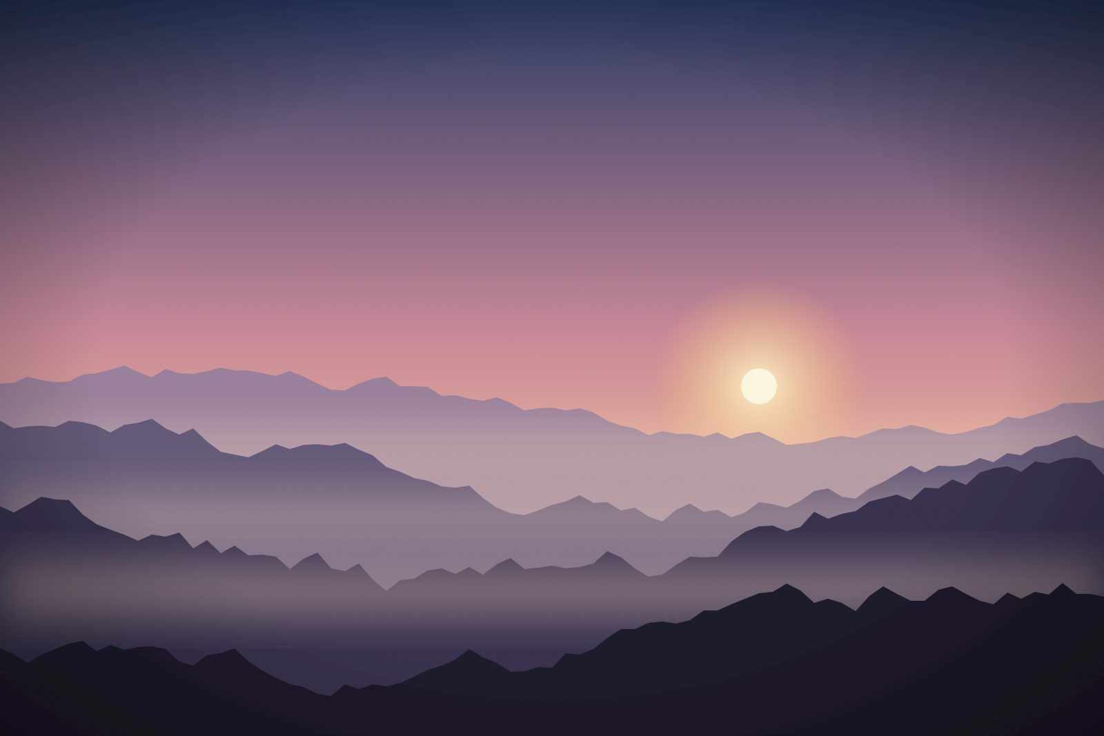 Layered mountain ridgelines at dawn in violet and peach