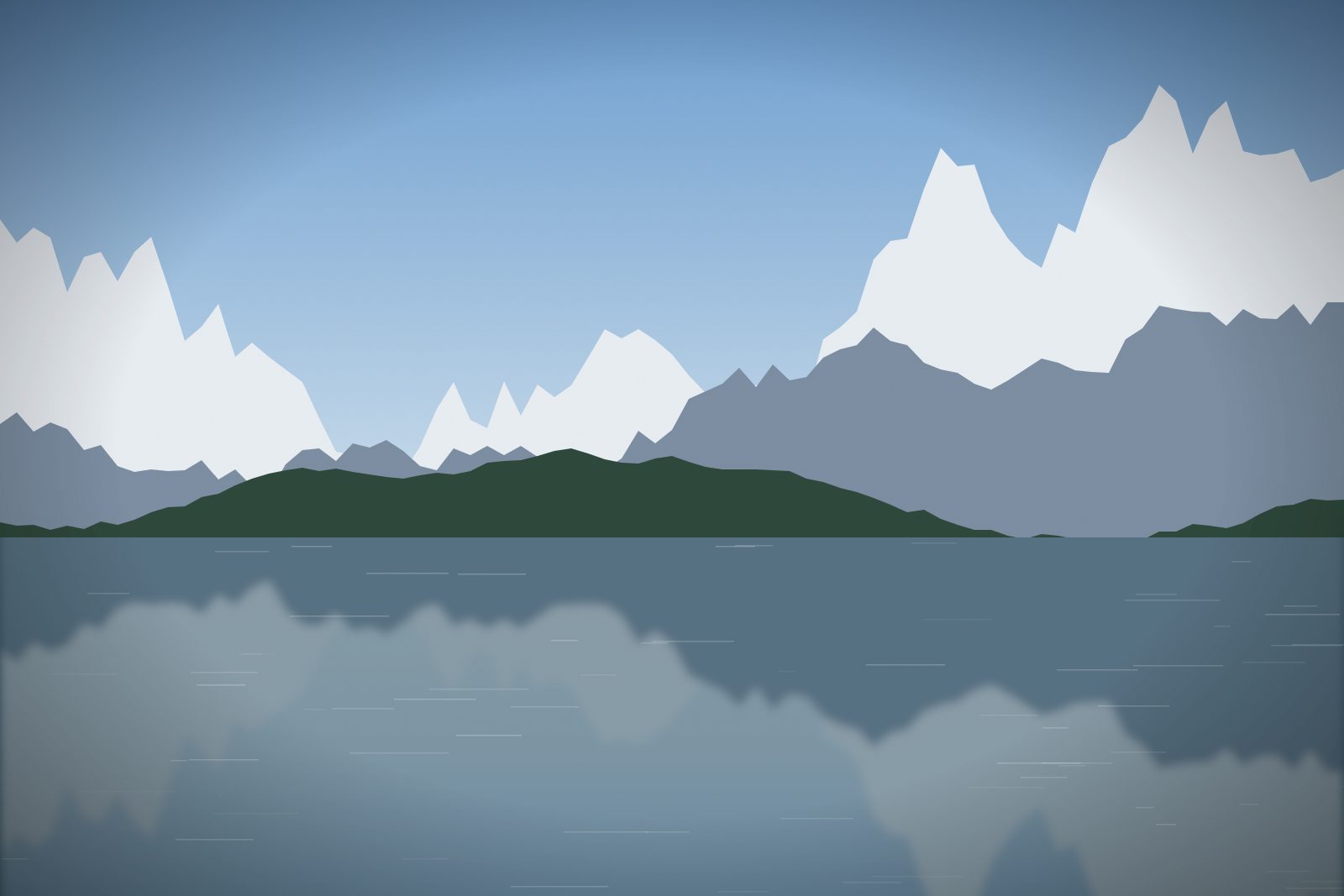 Alpine lake reflecting snowy peaks