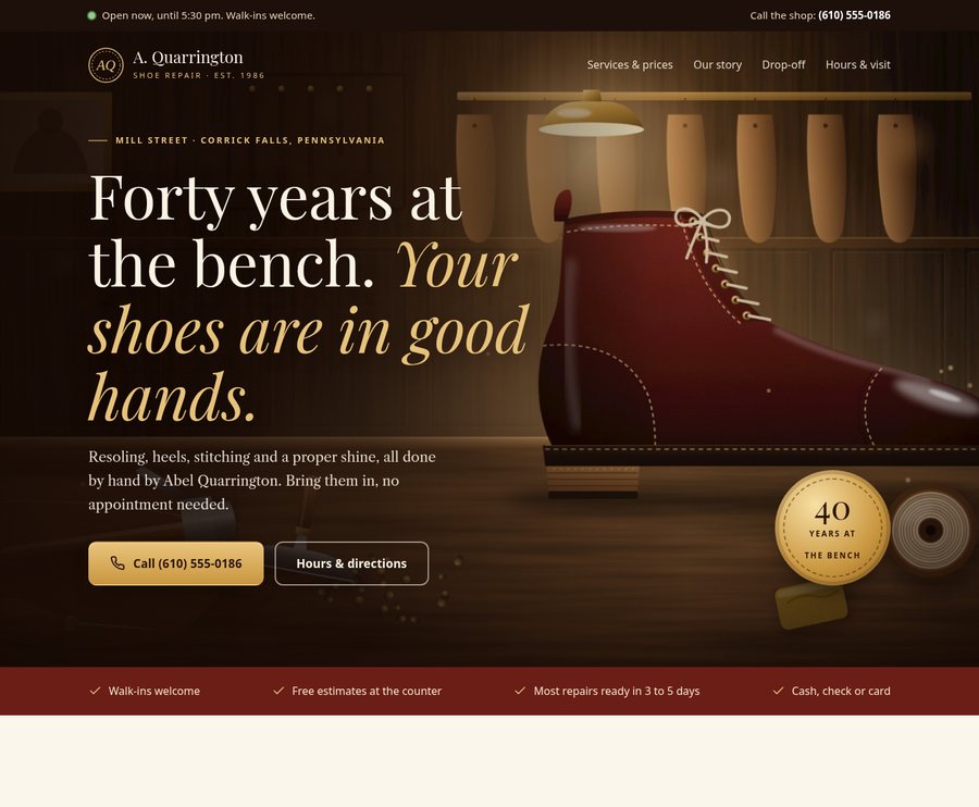 Screenshot of a sample site for a fictional old-school shoe repair shop