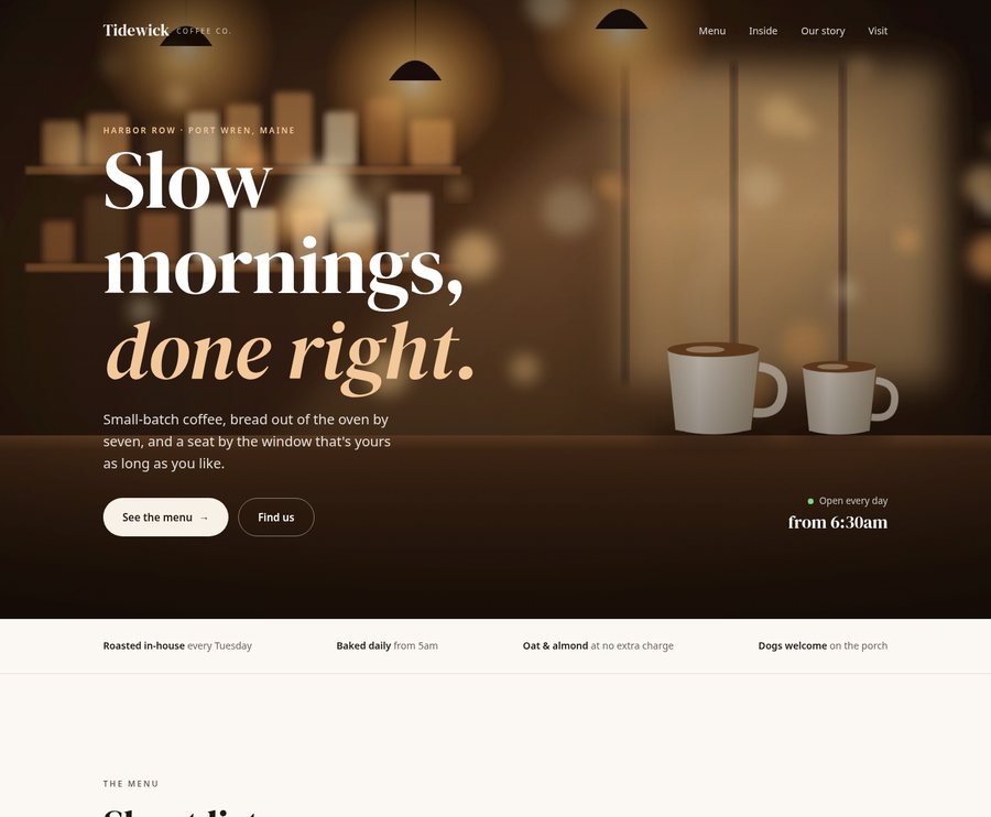 Screenshot of the Custom Business Page sample site for a coffee shop